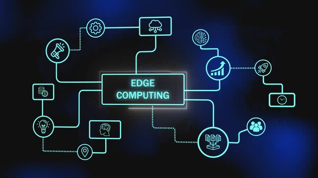 teal and blue animation of a decentralized data processing system. digital mind map of edge computing on a world map background. futuristic infographic of an edge computing and iot network.