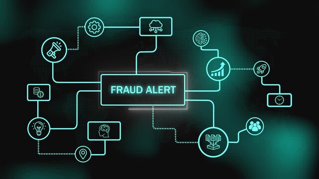 animated fraud alert flowchart with glowing security and finance icons. digital ecosystem of modern fraud detection and prevention. visualizing the network of a global fraud alert system.