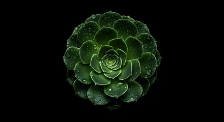 Green Succulent Plant with Water Droplets on Dark Background