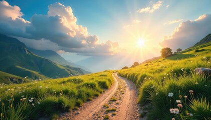 A sunlit path winds through a breathtaking landscape, clouds drift lazily overhead, suggesting a heavenly journey on foot  The scene evokes serenity and spiritual exploration , sun, peaceful
