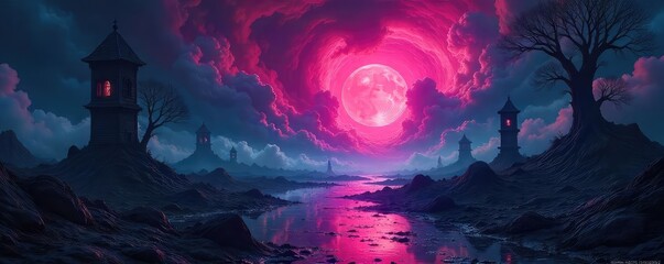 A surreal dreamscape of distorted shapes and unsettling colors, evoking a sense of unease and disorientation The image is dark, mysterious, and filled with anxiety-inducing imagery , fear, ominous