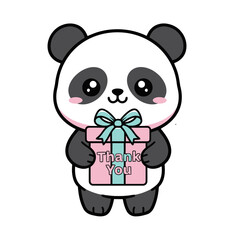 Cute cartoon panda holding pink gift box with blue ribbon and thank you text