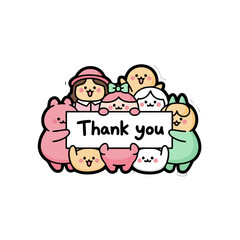 Group cute cartoon characters holding thank you sign