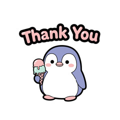 Adorable cartoon penguin character holding delicious ice cream cone with pink and blue scoops, with the words thank you above