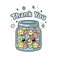 Cute kawaii jar filled with colorful smiling star shapes and the text thank you surrounded by sparkling stars
