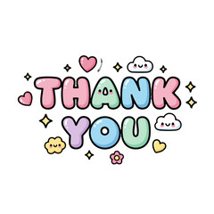 Playful and colorful text thank you with cute clouds, hearts, stars, and flowers