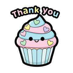 Adorable cartoon cupcake with swirled frosting, colorful hearts, and the text thank you