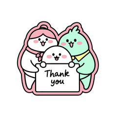 Adorable kawaii cartoon characters, family three birds, holding sign that says thank you