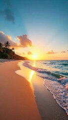 Stunning panoramic view of a tranquil beach at sunset, golden sand, gentle waves lapping the shore, clear blue sky, perfect for travel, vacation, or summer themes , tropical, escape