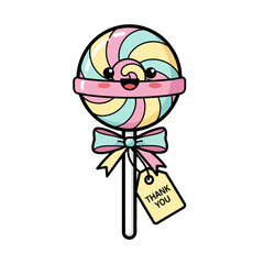 Adorable cartoon lollipop with colorful swirls, bow, and thank you tag