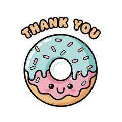 Charming cartoon donut with pink and blue frosting and sprinkles, expressing thanks