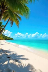 Obraz premium Stunning panoramic view of a pristine sandy beach meeting turquoise ocean waves under a vibrant blue sky Perfect for travel, vacation, or summer themed projects , summer, sunlight