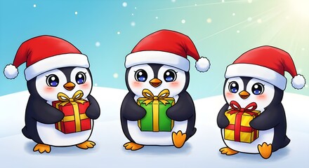 Fototapeta premium Cute penguins wearing Santa hats celebrating Christmas with snowfall background