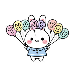Cute cartoon bunny holding balloons with letters spelling thank you, , perfect for expressing gratitude and appreciation, suitable for cards, invitations, and digital designs