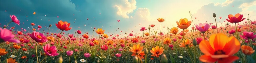 A vibrant field of blossoming flowers explodes with color, representing the boundless nature of imagination taking root and flourishing , wonder, colorful, spring