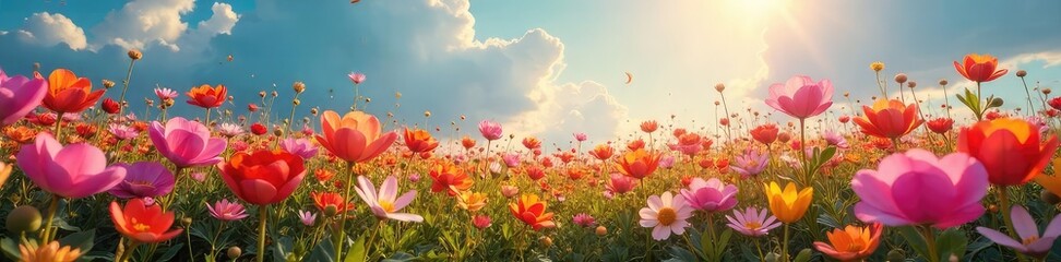 A vibrant field of blossoming flowers explodes with color, representing the boundless nature of imagination taking root and flourishing , potential, artistic