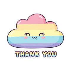 Cute rainbow cloud character with happy expression, holding banner with thank you text below, , perfect for expressing thanks in colorful and cheerful way