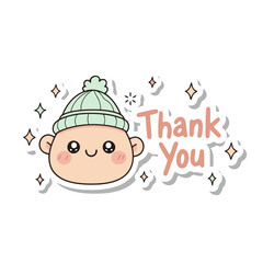 Cute cartoon baby face wearing green beanie, with rosy cheeks and happy smile, surrounded by sparkling stars and the text thank you