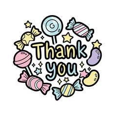 Cute cartoon thank you text surrounded by colorful candies and lollipops