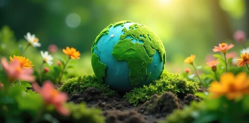 A vibrant green Earth generator powering blooming flowers and lush foliage, symbolizing sustainable energy and environmental protection for Earth Day , nature, clean energy