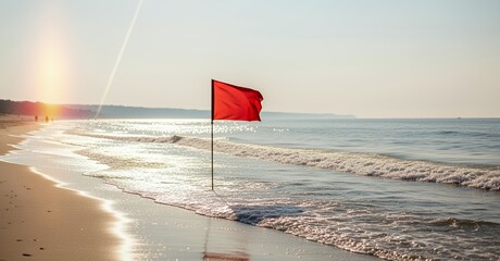Red Flag on Beach with Calm Ocean and Sunset Lighting