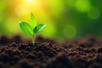 A vibrant green seedling emerges from rich soil, reaching towards sunlight Witnessing the miracle of nature's growth and resilience Perfect for environmental or agriculture themes , soil, life