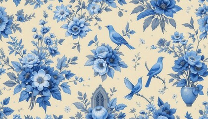 French Botanical Illustration  A Continuous Design Showcasing Elaborate Blossoms, Beautiful Avians, and Tranquil Outdoor Elements in a Soft Light Yellow Shade.