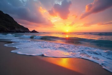 A tranquil beach scene at sunset, waves gently lapping the shore, conveying a sense of serene escape and release from daily pressures , escape, meditation