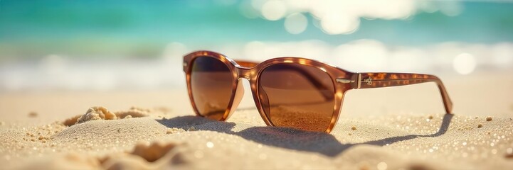 Stylish sunglasses resting on a sandy beach, reflecting the bright sunlight Perfect for summer vacation, travel, and fashion imagery , heat, reflection, tropical