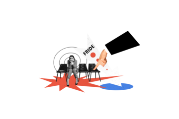 Image artwork collage of young woman sitting office chair big arm finger pointing isolated on drawing background