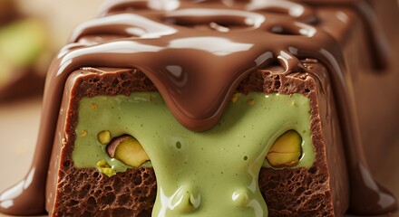 Close Up of Chocolate Cake with Green Matcha Filling and Melting Chocolate Drizzle