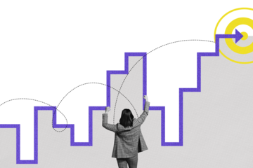 Composite photo collage of happy businesswoman show fist success gesture arrow point target aim progress isolated on painted background