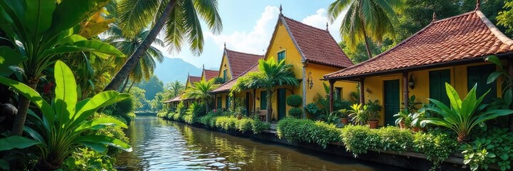A vibrant juxtaposition of Brazilian and Dutch cultures; lush tropical foliage meets classic Dutch architecture, creating a unique and striking visual , history, Sao Paulo, light