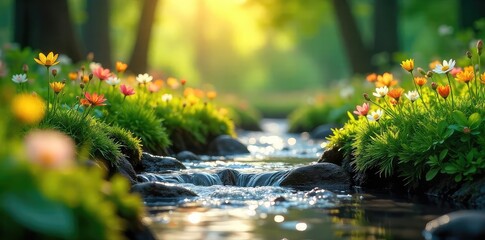 A vibrant, lush spring bursting with new growth, symbolizing renewal and healing; water gently flows from the source, reflecting the sun's rays , life, therapeutic, healing
