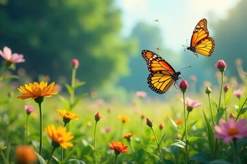 A vibrant meadow teeming with acrobatic butterflies and dragonflies performing aerial feats amongst wildflowers and tall grasses, bathed in sunlight , serene, freedom, aerial
