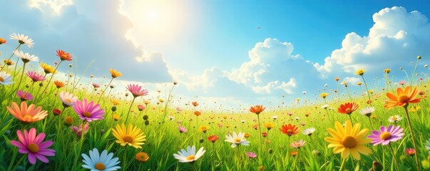 A vibrant meadow explodes with color, wildflowers swaying gently in a warm spring breeze  Sunlight streams through the clouds, illuminating a scene of carefree natural beauty ,  light,  pollen