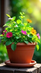 A vibrant, overflowing terracotta pot bursting with lush, healthy herbs and colorful flowers, bathed in sunlight The epitome of gardening joy and abundant life , wellness, herbs