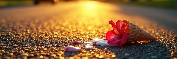 Sun-baked asphalt shimmering with heat, a discarded ice cream cone melts, a wilting flower droops in the intense summer heat A scene of simmering, almost violent, summer rage , blazing, summer