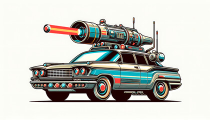 Retro car with a giant laser cannon, funny futuristic sci-fi vector illustration.

