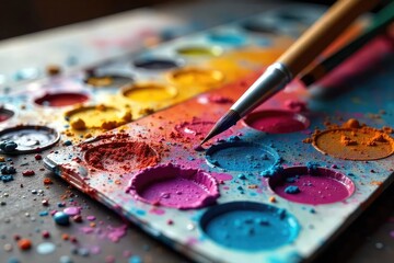 Fototapeta premium A vibrant paint palette explodes with color, brushes scattered nearby, suggesting the intense energy and creative process of passionate art creation , passion, painting
