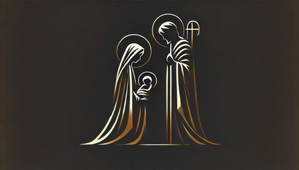 Minimalist nativity scene with the holy family, elegant Christmas line art icon