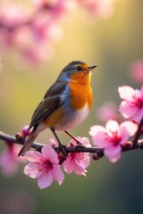 Fototapeta premium A vibrant robin perched on a blossoming branch, singing its springtime song Sunlight filters through the delicate petals, creating a beautiful scene of renewal and life , flora, tweet, springtime