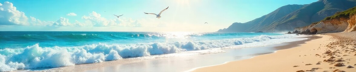 A vibrant seascape brimming with joy; sun-drenched waves crash gently on a pristine beach, seagulls soar overhead, creating a tranquil yet exhilarating scene of pure coastal bliss , bliss, calm