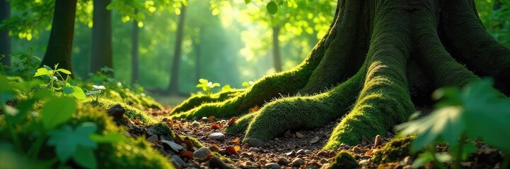 Sun-dappled forest floor, lush green moss covering ancient tree roots, dappled sunlight filtering through leaves, tranquil woodland scene, peaceful nature background , forestry, relaxing, sunbeams