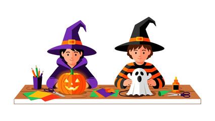 Halloween Craft Time: Two young individuals, each donned in a wizard hat, immerse themselves in the spirited tradition of Halloween crafting, adorning the ambiance with handmade decorations. 