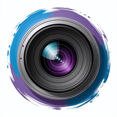 Capturing memories a vibrant camera lens surrounded by artistic blue and purple splashes on pure