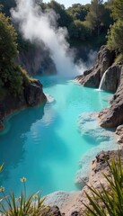 Steaming geothermal water flows into a natural pool, surrounded by lush green vegetation and volcanic rock formations  Ideal for travel, nature, and wellness imagery , volcanic, relaxation