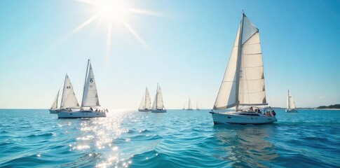 Fototapeta premium Sailboats Gleaming on Calm Blue Sea A Picturesque Summer Day of Nautical Adventure