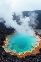 Steam rises from a geothermal hot spring, creating an ethereal, misty landscape  The turquoise water is inviting, surrounded by rugged volcanic rock formations ,  texture,  therapeutic,  calm