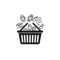 Shopping Vector Illustration of Basket with Watches Camera and Candy Black Icon Style